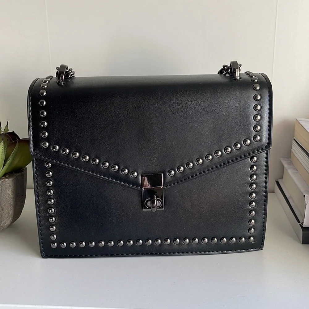 Studded Black Leather Crossbody Bag - Women's Shoulder Purse - Picture 6 of 9